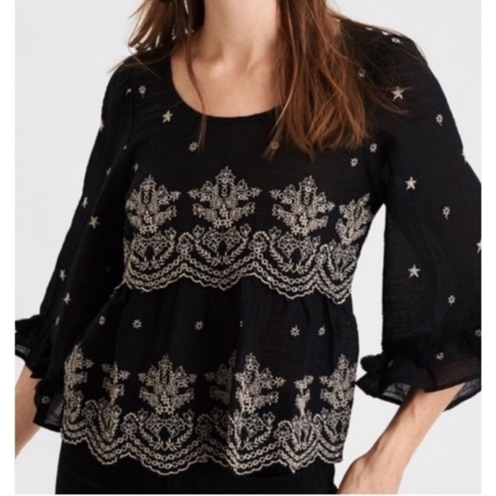 American Eagle Black & Tan Embroidered 3/4 Ruffle Sleeve Tassels Top SP